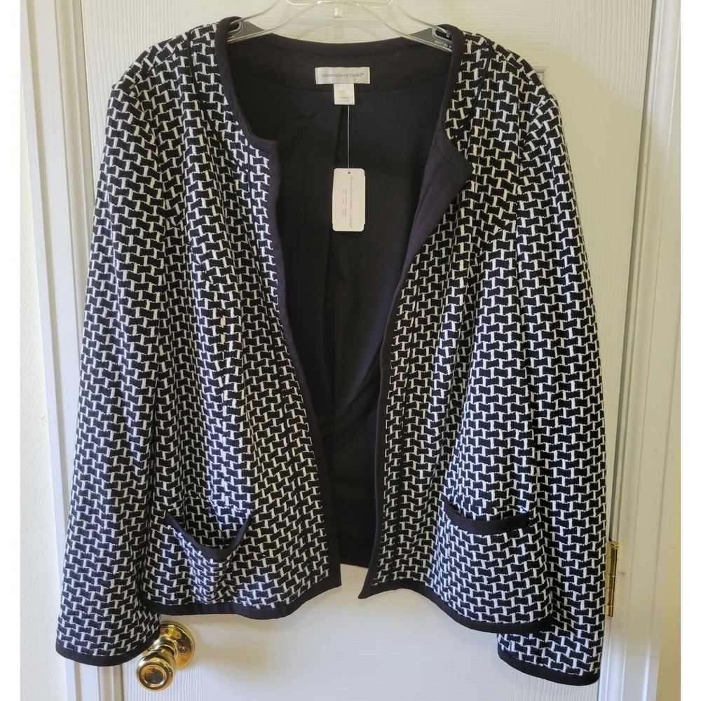 Christopher & Banks Cardigan Jacket Size XL Black White Print Open Front Career